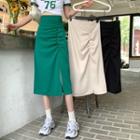Shirred Slit Midi A-line Skirt