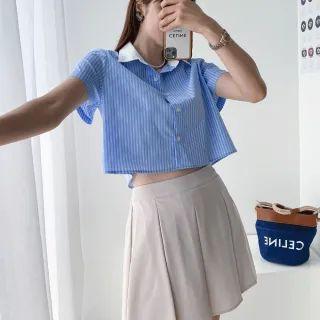 Contrast-collar Stripe Crop Shirt
