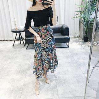 Set: Off-shoulder Elbow-sleeve Top + Printed Midi Chiffon Skirt