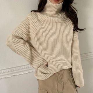 Turtle-neck Sweater Light Beige - One Size