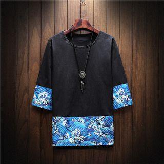 Elbow-sleeve Print Panel T-shirt