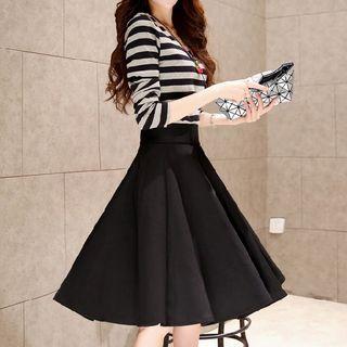 Set: Striped Long-sleeve T-shirt + A-line Skirt