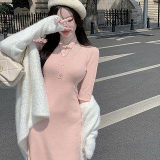 Long-sleeve Halter-neck Henley Knit Midi Sheath Dress