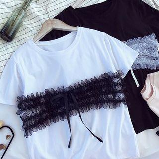 Lace Trim Mesh Panel Crew-neck Short-sleevetop