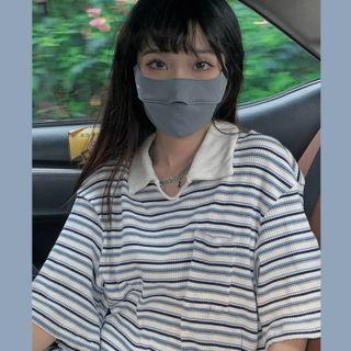 Polo-neck Striped T-shirt Stripe - Blue - One Size