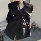 Fleece Panel Sashed Coat Black - One Size