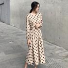 Long-sleeve Dotted Midi A-line Dress As Shown In Figure - One Size