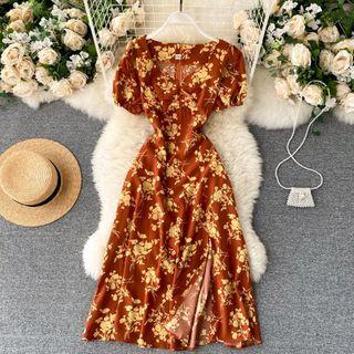 Puff-sleeve Floral Print Slit Dress