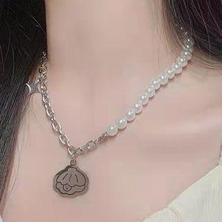 Faux Pearl Shell Necklace White & Silver - One Size