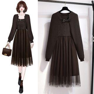 Set: Sleeveless Mesh Panel Midi A-line Dress + Knit Shrug
