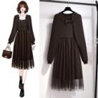 Set: Sleeveless Mesh Panel Midi A-line Dress + Knit Shrug