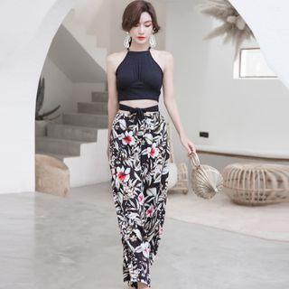 Set: Halter-neck Swim Top + Bottom + Floral Wide-leg Pants