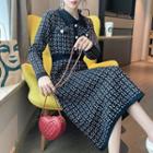 Plaid Collared Midi A-line Knit Dress