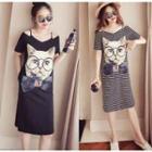 Off-shoulder Cat Printed T-shirt Dress