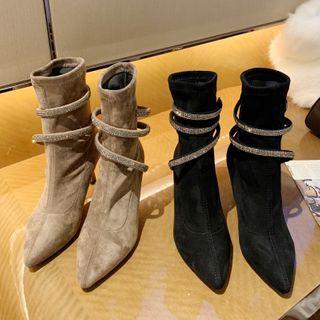 Rhinestone Pointy-toe Stiletto Heel Short Boots