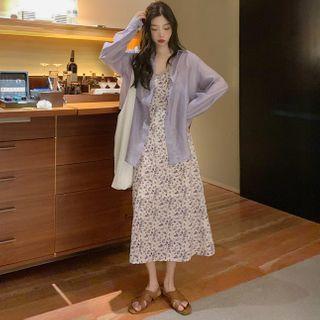 Plain Shirt / Flower Print Spaghetti Strap Midi Shift Dress