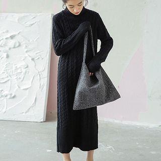 Plain Mock-neck Long-sleeve Cable-knit Dress