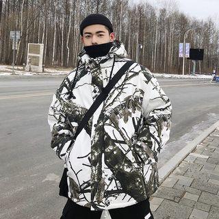 Leaf Print Hooded Padded Zip Coat