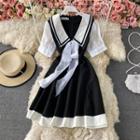 Collar Color Block Puff Short Sleeve Dress