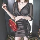 V-neck Elbow-sleeve Mini Sheath Mesh Dress