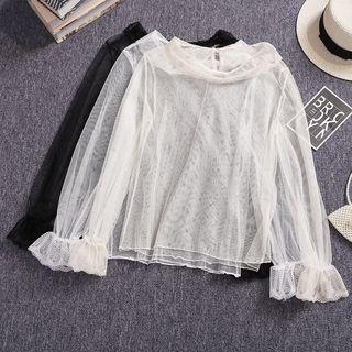 Bell Sleeve Ruffled-collar Mesh Top