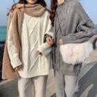 Mock Neck Cable-knit Sweater / Cropped Furry-trim Sweatpants