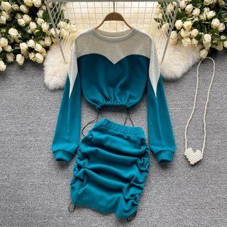 Set Of 2 : Color Panel Drawstring Cropped Sweatshirt + Plain Ruched Skirt