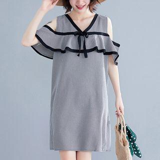 Gingham Cold-shoulder Ruffle A-line Dress