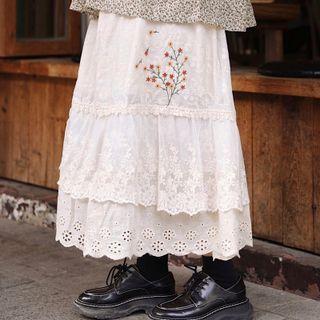 Lace Trim Midi A-line Skirt Off-white - One Size