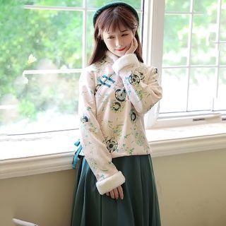 Set: Long-sleeve Fluffy Trim Print Qipao Top + Midi A-line Skirt