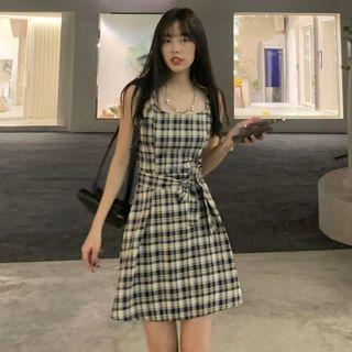 Spaghetti-strap Plaid Mini A-line Dress Plaid - Black & White - One Size