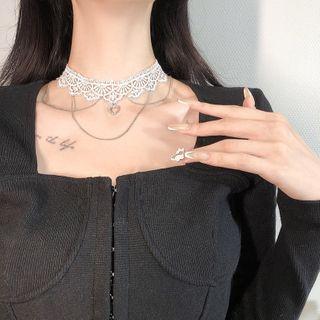 Heart Pendant Layered Lace Choker White - One Size