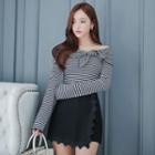 Set: Off-shoulder Bow Stripe Long-sleeve Top + Lace Skirt