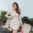 Spaghetti Strap Floral Shirred Mini Bodycon Dress White & Red - One Size