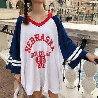 Contrast Color Lettering Cold-shoulder Long-sleeve T-shirt