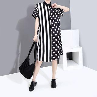 Short-sleeve Dotted Panel A-line Shirtdress Black & White - One Size