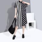 Short-sleeve Dotted Panel A-line Shirtdress Black & White - One Size