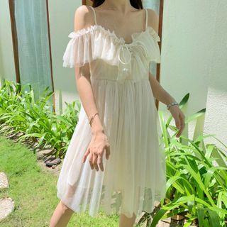 Off-shoulder Mesh Short-sleeve A-line Dress