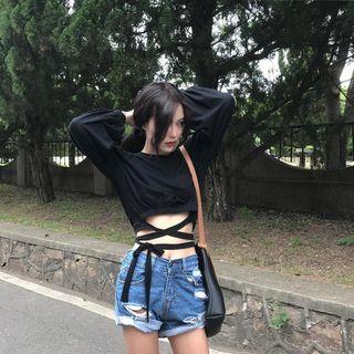 Tie-waist Long-sleeve Cropped T-shirt
