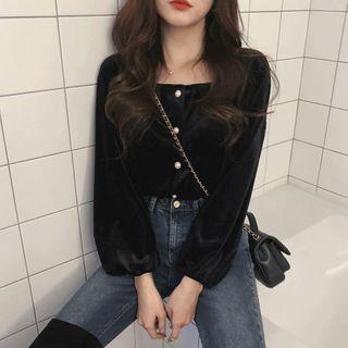 Long-sleeve Button-up Velvet Top