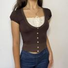 Lace Trim Two Tone Round Neck Button-up Short Sleeve Top