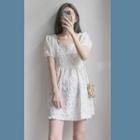 Short Sleeve Square Neck Ruched Mini A-line Dress