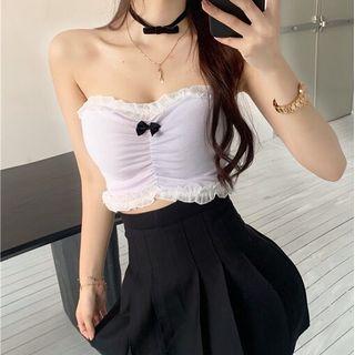 Ruffle Trim Cropped Tube Top / High-waist Mini A-line Skirt