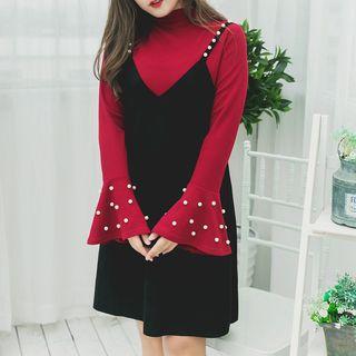 Set: Embellished Bell-sleeve T-shirt + Spaghetti-strap Dress