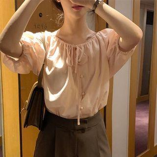 Tie-neck Puff Sleeve Top Light Pink - One Size