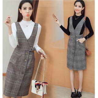 Set: Mock Neck Long-sleeve Knit Top + Buttoned Plaid V-neck Pinafore Dress