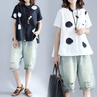 Short-sleeve Printed Band Collar Shirt