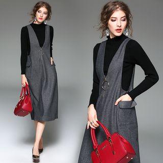 Set: Mock Neck Long-sleeve Knit Top + V-neck Midi Pinafore Dress
