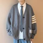 Long-sleeve Striped Panel Lettering Knit Cardigan