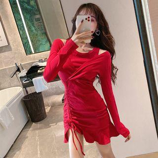 Mock Two-piece Drawstring Long-sleeve Mini T-shirt Dress